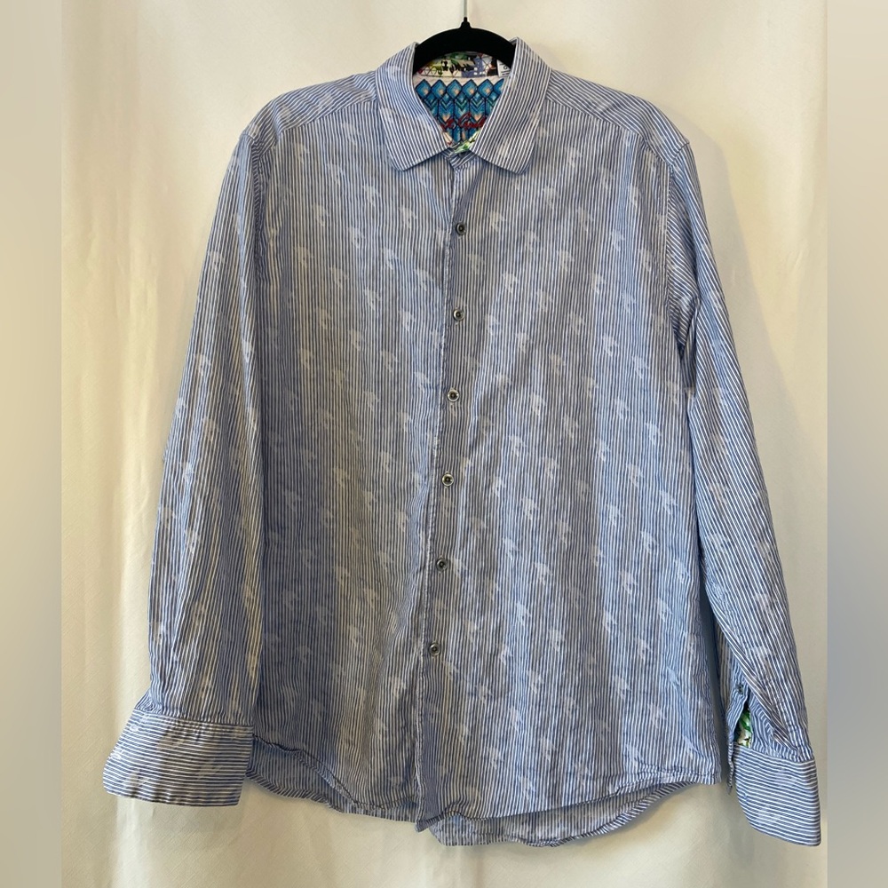 Robert Graham Mens Art To Wear Stripe Dressy Button Up Shirt LG/17.5 Neck READ